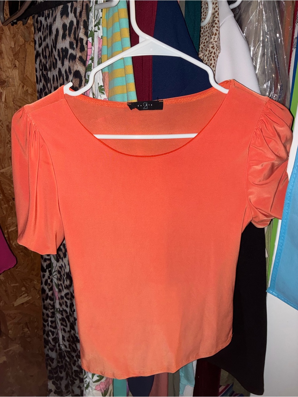 Ladies Puff Sleeve Scoop Neck Blouse - Bright Orange